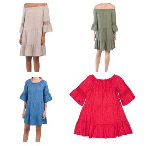 TERZO MILLENNIO Women's EUC Red Linen 3/4 Sleeve Off-the-Shoulder Dress | Size L